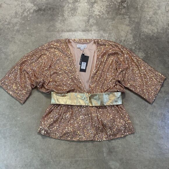 Rachel Zoe Jacket Womens 8 Harrison Sequin Belted Rose Gold Deep V Neck - Picture 1 of 11
